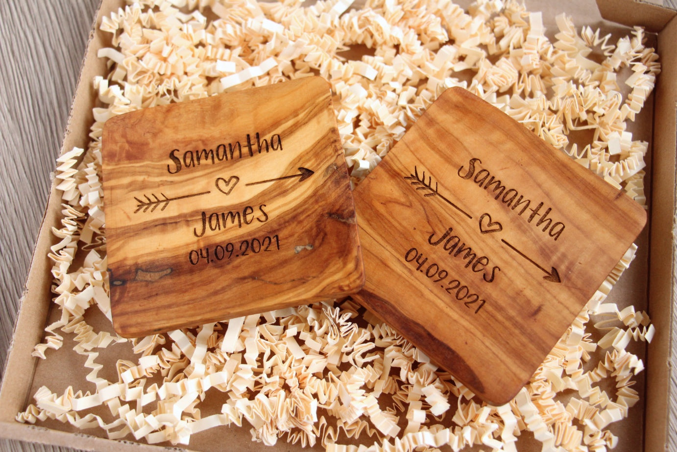 2x Couples Heart & Arrow Personalised Olive Wood Drinks Coaster