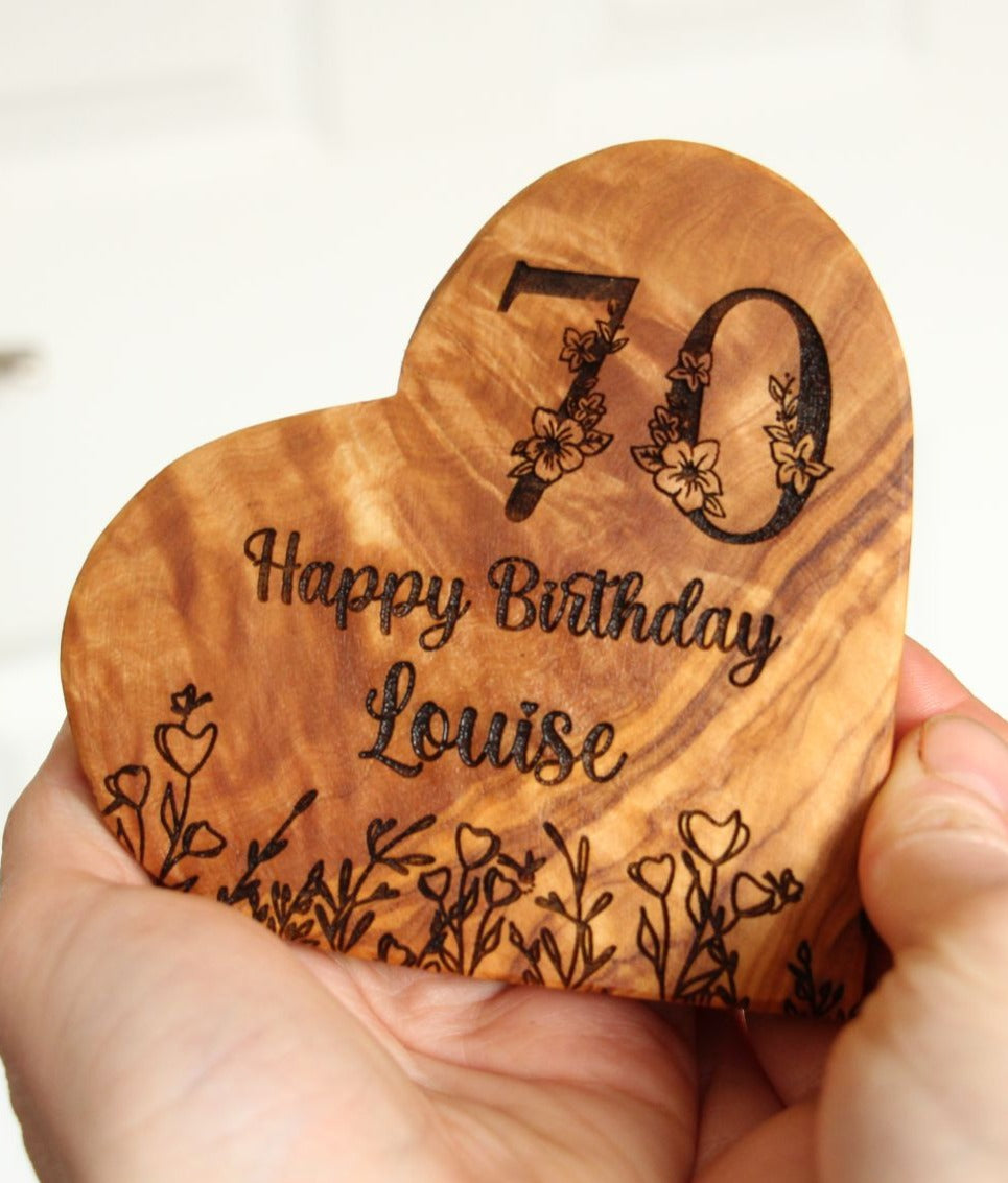 Personalised Milestone Birthday Olive Wood Heart