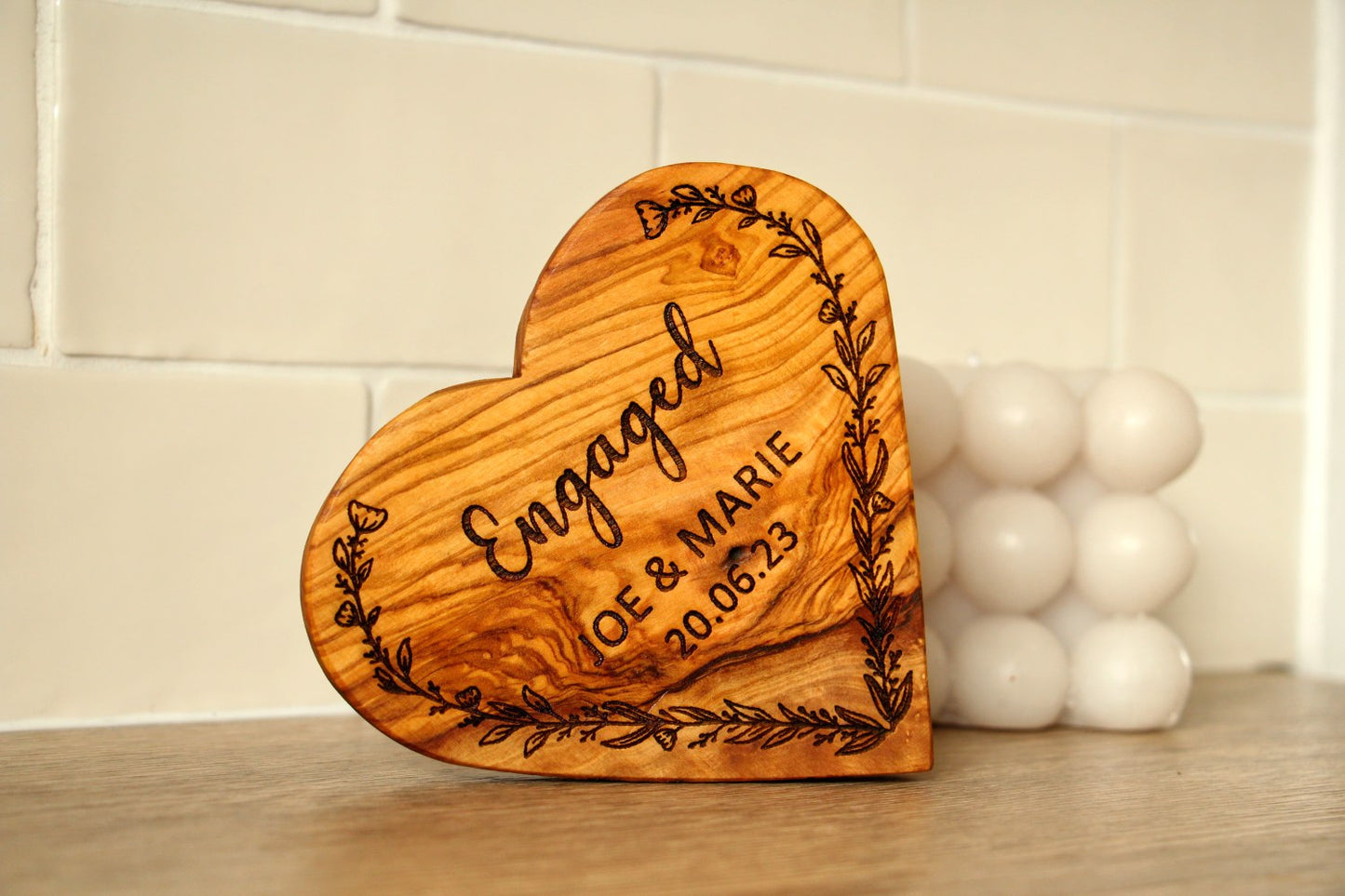 Personalised Engagement Olive Wood Heart