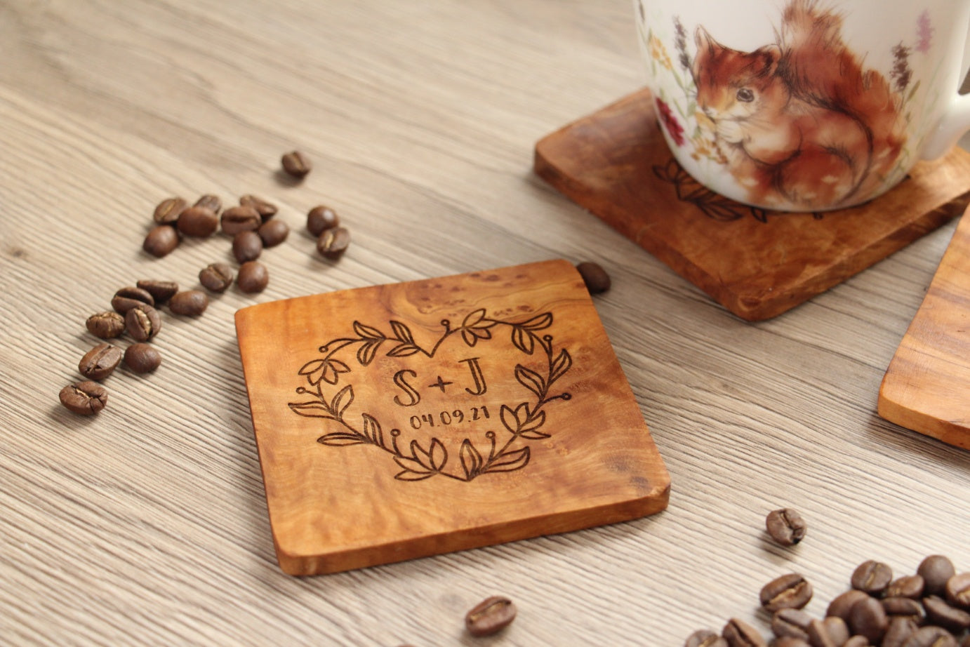 2x Couples Personalised Olive Wood Drinks Coaster