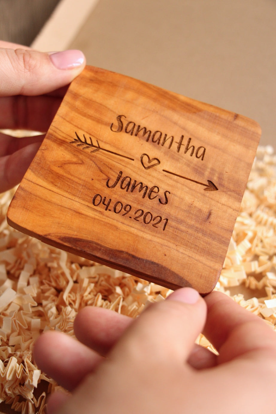 2x Couples Heart & Arrow Personalised Olive Wood Drinks Coaster