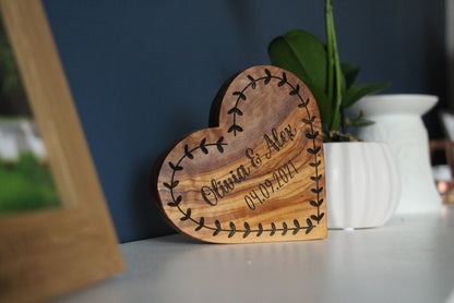 Personalised Couples Olive Wood Heart Ornament
