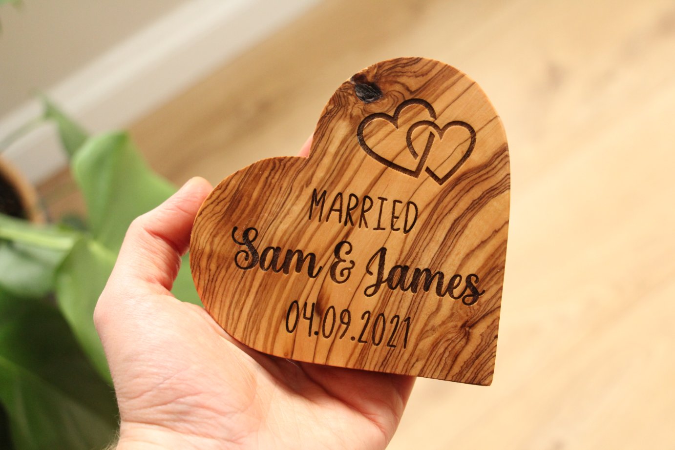 Personalised Married Olive Wood Heart Ornament