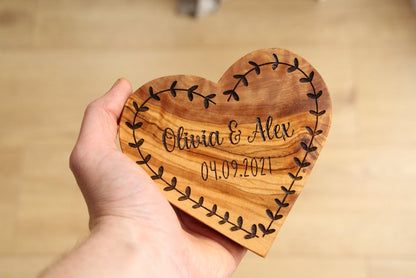Personalised Couples Olive Wood Heart Ornament