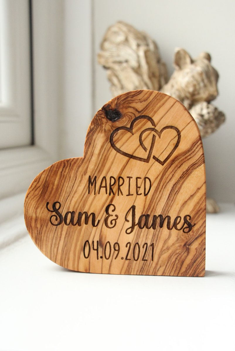 Personalised Married Olive Wood Heart Ornament