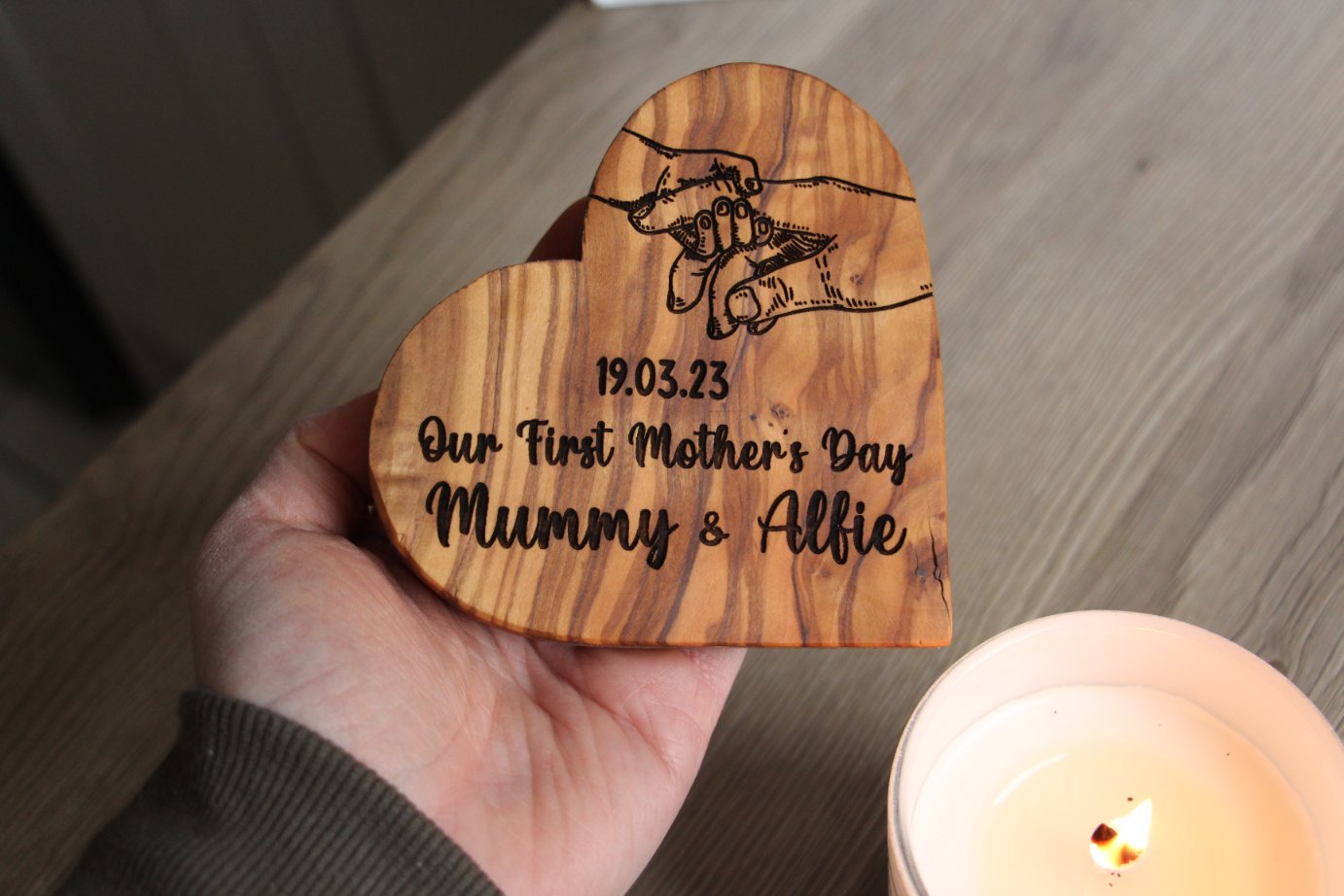 Our First Mothers Day Olive Wood Heart